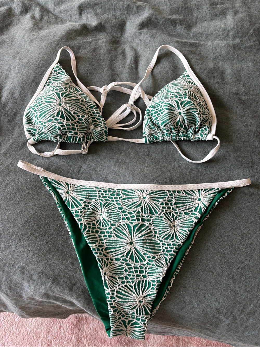 Green and white Jacquard Triangle Bikini Set - Berlook
